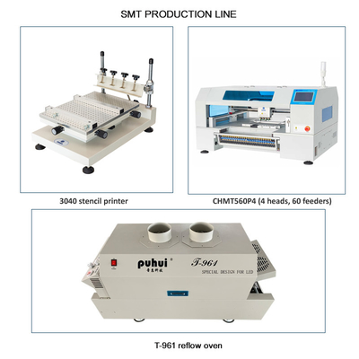 خط SMT صغير 60 مزود 4 رؤوس CHMT560P4 آلة P & P SMT / فرن Reflow T961 / طابعة عصى اللحام 3040